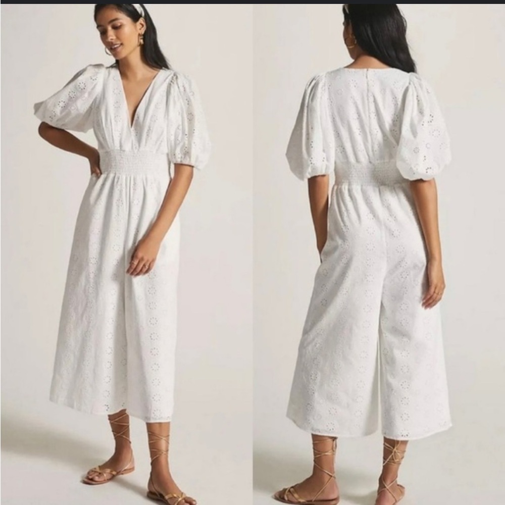 Anthropologie Hutch Smocked-Waist Eyelet Jumpsuit Size L lace bridal bride